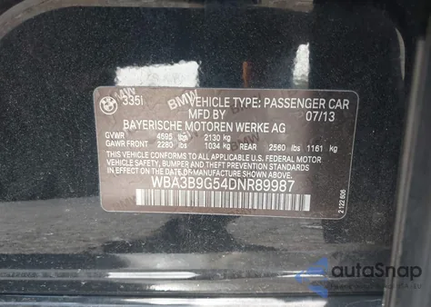 2013 BMW 335I xDrive z USA, uszkodzony, nr VIN WBA3B9G54DNR89987